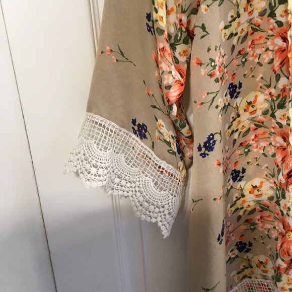 Tan And Floral Sheer Cardigan With White Eyelet Hem - Picture 3 of 5